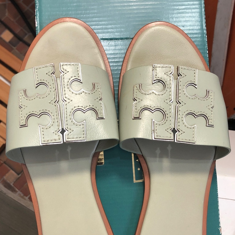 Tory Burch Mint Green Miller Leather Slide Sandals - Picture 3 of 5